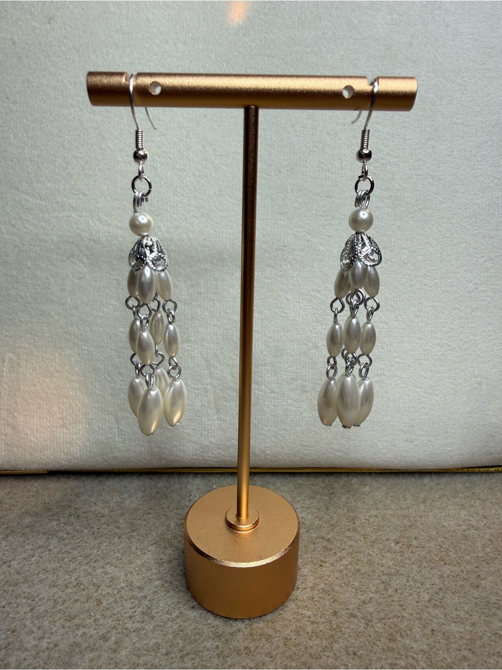 Faux Oblong Pearl Chandelier Dangle Earrings in Silver - Handmade NWT